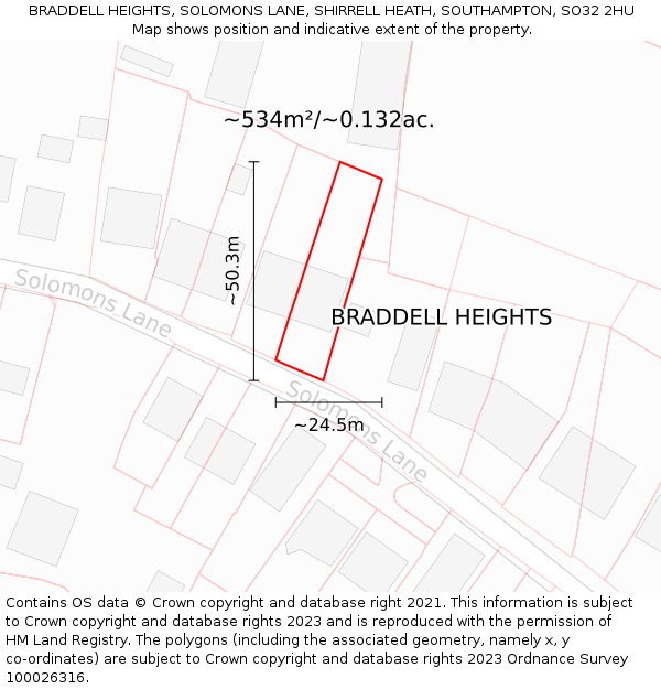 BRADDELL HEIGHTS, SOLOMONS LANE, SHIRRELL HEATH, SOUTHAMPTON, SO32 2HU: Plot and title map