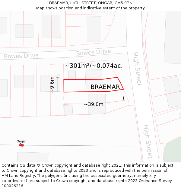 BRAEMAR, HIGH STREET, ONGAR, CM5 9BN: Plot and title map