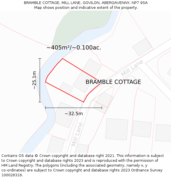 BRAMBLE COTTAGE, MILL LANE, GOVILON, ABERGAVENNY, NP7 9SA: Plot and title map