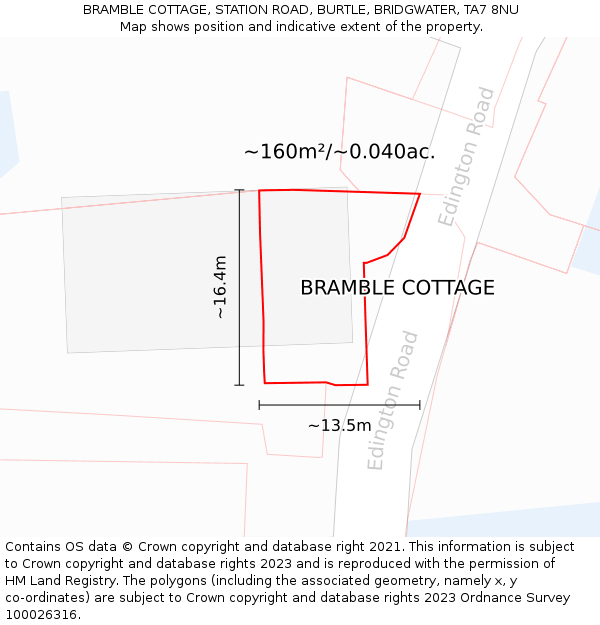 BRAMBLE COTTAGE, STATION ROAD, BURTLE, BRIDGWATER, TA7 8NU: Plot and title map