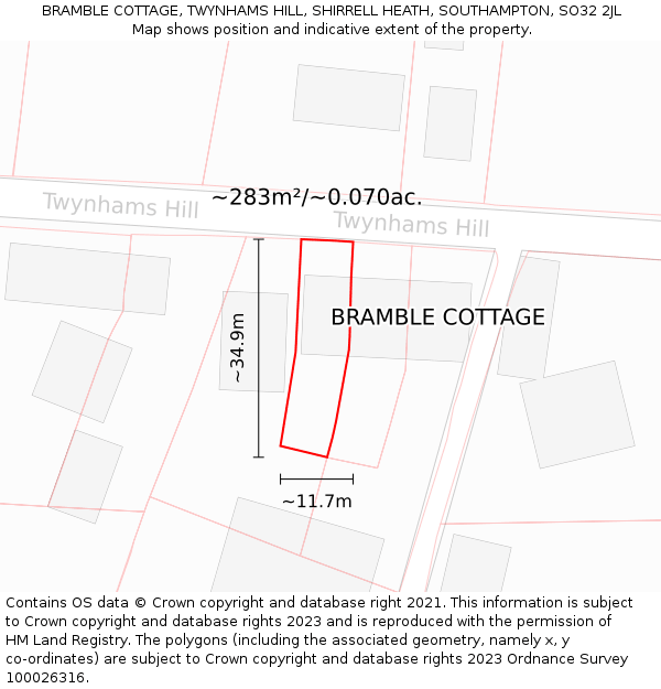 BRAMBLE COTTAGE, TWYNHAMS HILL, SHIRRELL HEATH, SOUTHAMPTON, SO32 2JL: Plot and title map