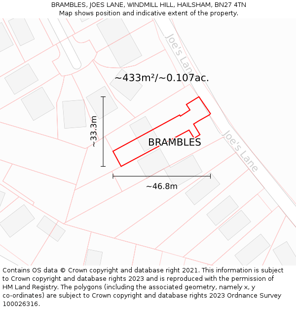 BRAMBLES, JOES LANE, WINDMILL HILL, HAILSHAM, BN27 4TN: Plot and title map