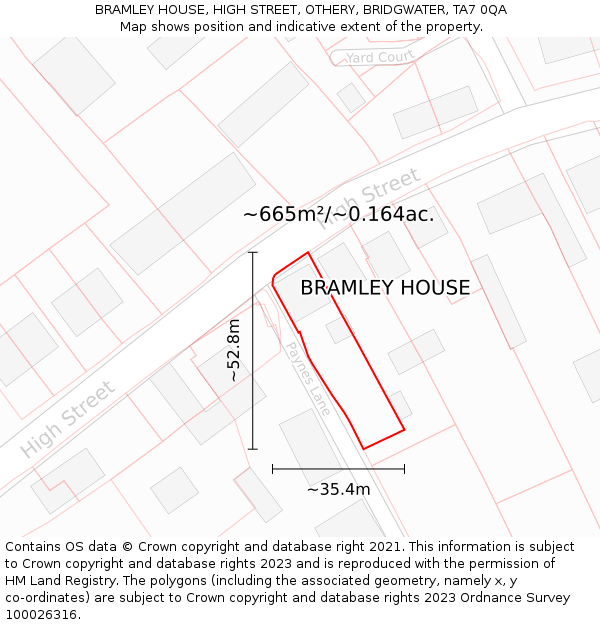 BRAMLEY HOUSE, HIGH STREET, OTHERY, BRIDGWATER, TA7 0QA: Plot and title map