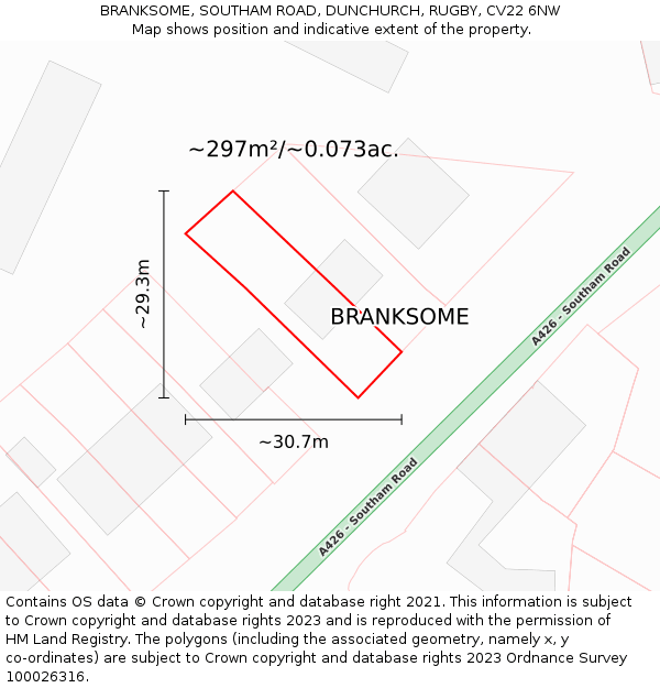 BRANKSOME, SOUTHAM ROAD, DUNCHURCH, RUGBY, CV22 6NW: Plot and title map