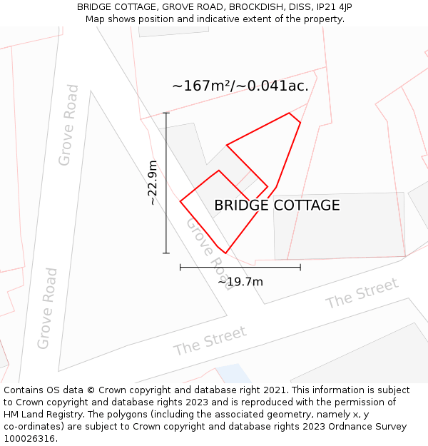 BRIDGE COTTAGE, GROVE ROAD, BROCKDISH, DISS, IP21 4JP: Plot and title map