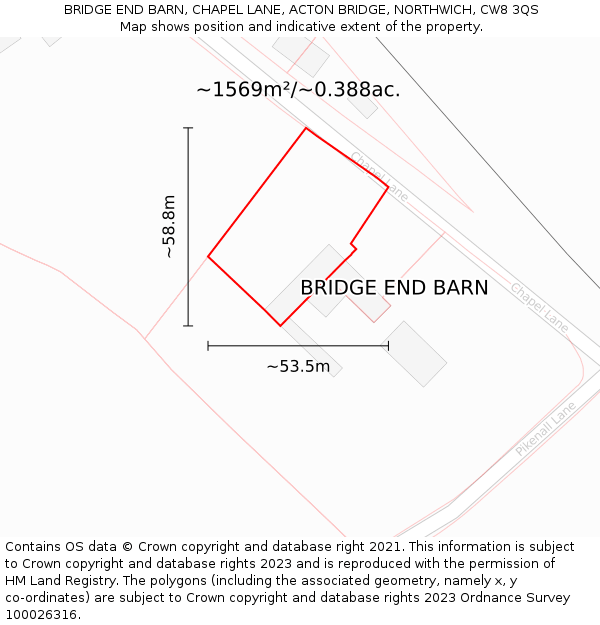 BRIDGE END BARN, CHAPEL LANE, ACTON BRIDGE, NORTHWICH, CW8 3QS: Plot and title map