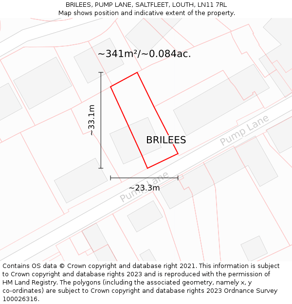 BRILEES, PUMP LANE, SALTFLEET, LOUTH, LN11 7RL: Plot and title map