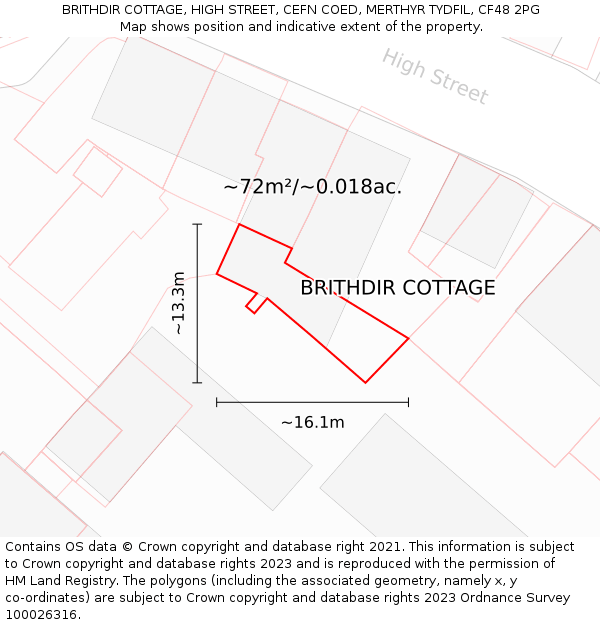 BRITHDIR COTTAGE, HIGH STREET, CEFN COED, MERTHYR TYDFIL, CF48 2PG: Plot and title map
