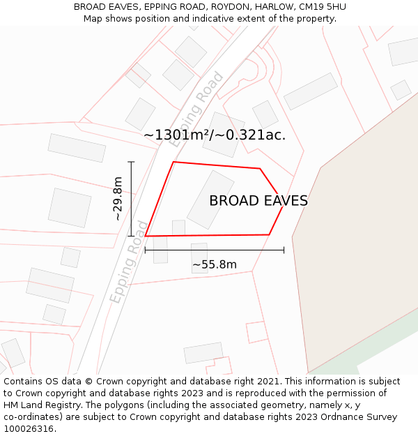 BROAD EAVES, EPPING ROAD, ROYDON, HARLOW, CM19 5HU: Plot and title map