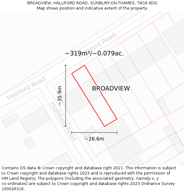 BROADVIEW, HALLIFORD ROAD, SUNBURY-ON-THAMES, TW16 6DG: Plot and title map