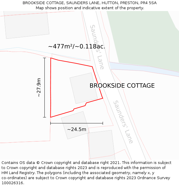 BROOKSIDE COTTAGE, SAUNDERS LANE, HUTTON, PRESTON, PR4 5SA: Plot and title map
