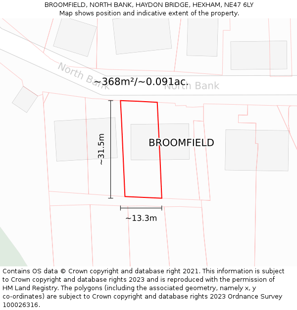 BROOMFIELD, NORTH BANK, HAYDON BRIDGE, HEXHAM, NE47 6LY: Plot and title map
