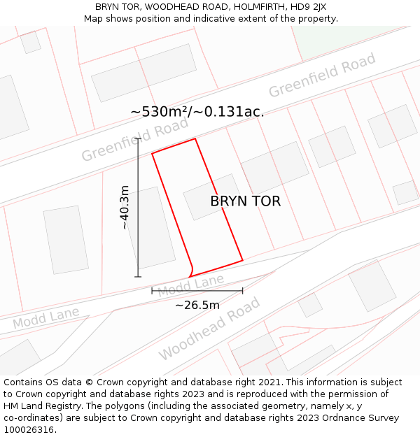 BRYN TOR, WOODHEAD ROAD, HOLMFIRTH, HD9 2JX: Plot and title map