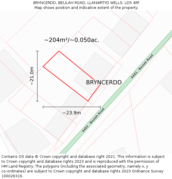 BRYNCERDD, BEULAH ROAD, LLANWRTYD WELLS, LD5 4RF: Plot and title map