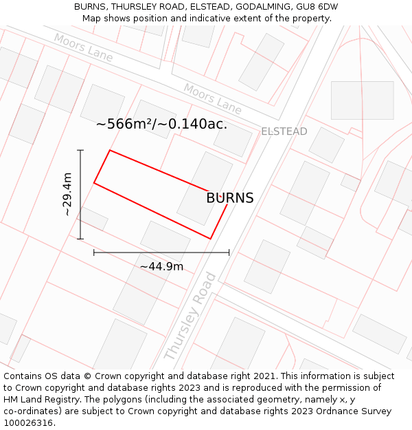 BURNS, THURSLEY ROAD, ELSTEAD, GODALMING, GU8 6DW: Plot and title map