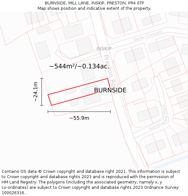 BURNSIDE, MILL LANE, INSKIP, PRESTON, PR4 0TP: Plot and title map