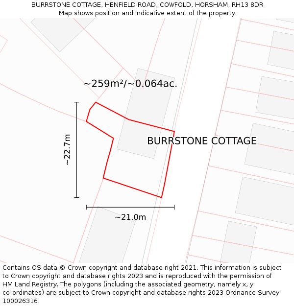 BURRSTONE COTTAGE, HENFIELD ROAD, COWFOLD, HORSHAM, RH13 8DR: Plot and title map