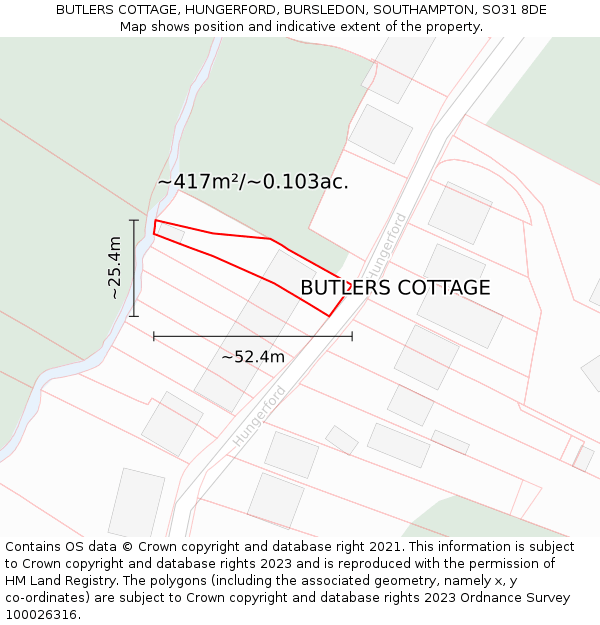 BUTLERS COTTAGE, HUNGERFORD, BURSLEDON, SOUTHAMPTON, SO31 8DE: Plot and title map