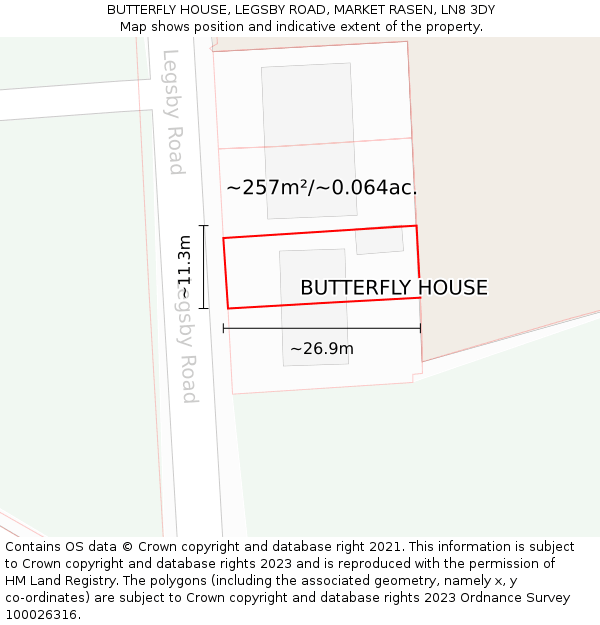 BUTTERFLY HOUSE, LEGSBY ROAD, MARKET RASEN, LN8 3DY: Plot and title map