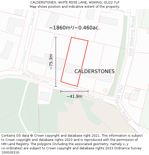 CALDERSTONES, WHITE ROSE LANE, WOKING, GU22 7LP: Plot and title map