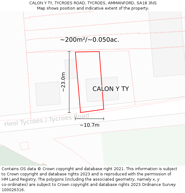 CALON Y TY, TYCROES ROAD, TYCROES, AMMANFORD, SA18 3NS: Plot and title map