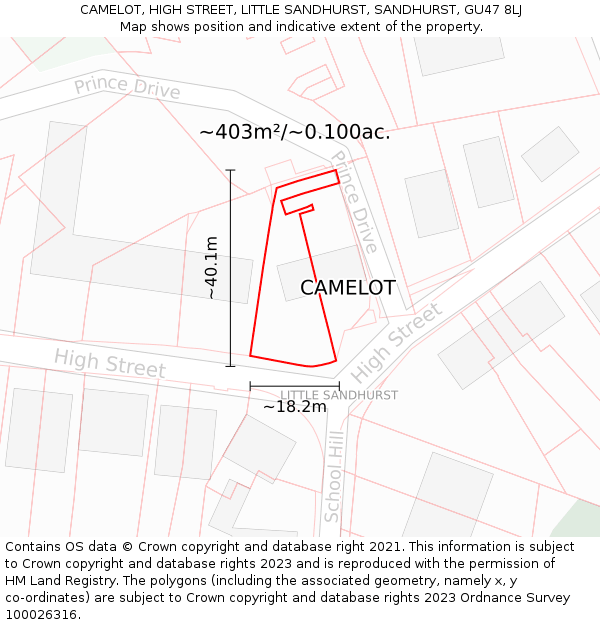 CAMELOT, HIGH STREET, LITTLE SANDHURST, SANDHURST, GU47 8LJ: Plot and title map