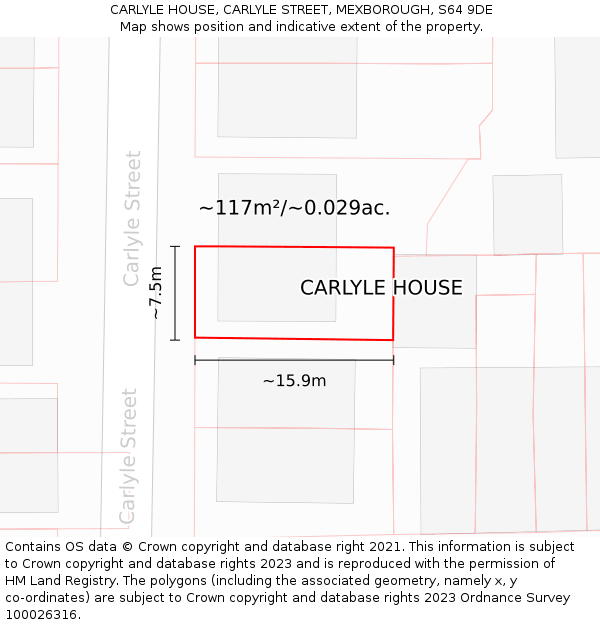 CARLYLE HOUSE, CARLYLE STREET, MEXBOROUGH, S64 9DE: Plot and title map