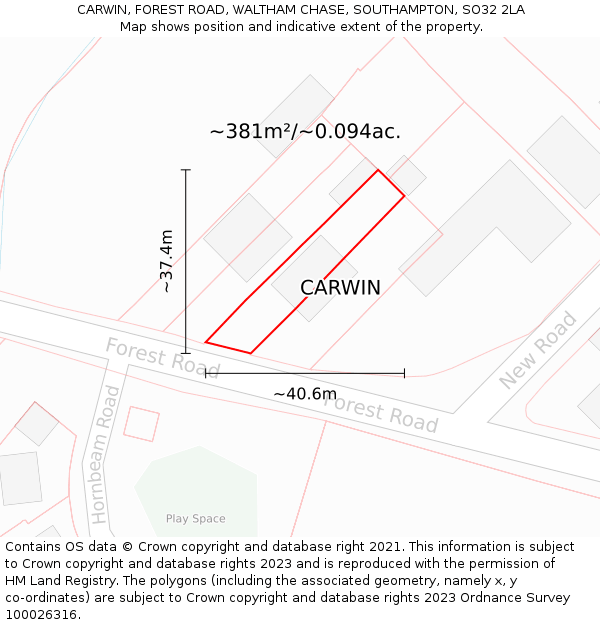CARWIN, FOREST ROAD, WALTHAM CHASE, SOUTHAMPTON, SO32 2LA: Plot and title map