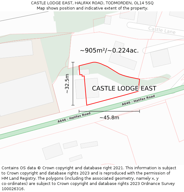 CASTLE LODGE EAST, HALIFAX ROAD, TODMORDEN, OL14 5SQ: Plot and title map