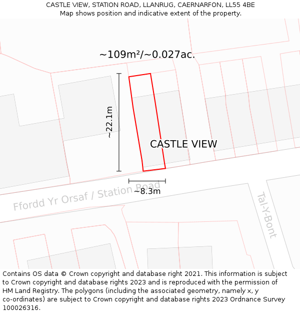 CASTLE VIEW, STATION ROAD, LLANRUG, CAERNARFON, LL55 4BE: Plot and title map
