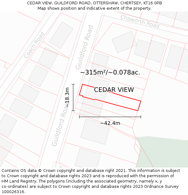 CEDAR VIEW, GUILDFORD ROAD, OTTERSHAW, CHERTSEY, KT16 0PB: Plot and title map