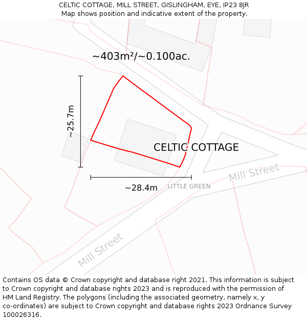 CELTIC COTTAGE, MILL STREET, GISLINGHAM, EYE, IP23 8JR: Plot and title map