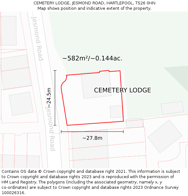 CEMETERY LODGE, JESMOND ROAD, HARTLEPOOL, TS26 0HN: Plot and title map