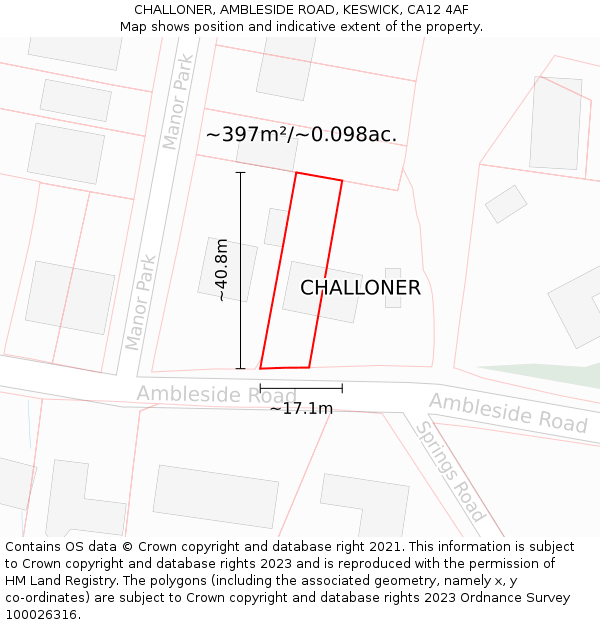 CHALLONER, AMBLESIDE ROAD, KESWICK, CA12 4AF: Plot and title map