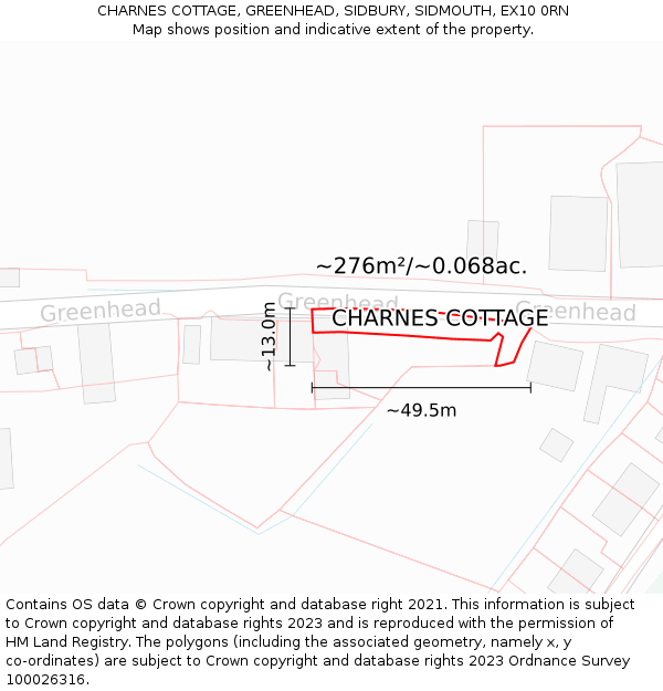 CHARNES COTTAGE, GREENHEAD, SIDBURY, SIDMOUTH, EX10 0RN: Plot and title map