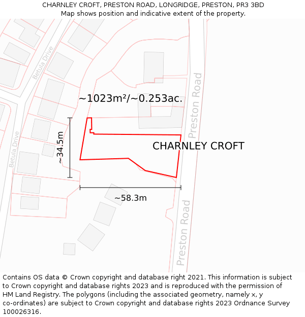CHARNLEY CROFT, PRESTON ROAD, LONGRIDGE, PRESTON, PR3 3BD: Plot and title map