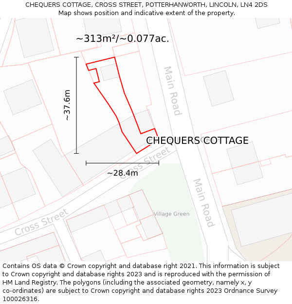 CHEQUERS COTTAGE, CROSS STREET, POTTERHANWORTH, LINCOLN, LN4 2DS: Plot and title map