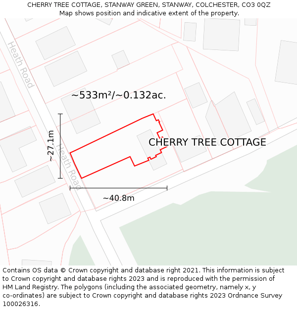 CHERRY TREE COTTAGE, STANWAY GREEN, STANWAY, COLCHESTER, CO3 0QZ: Plot and title map