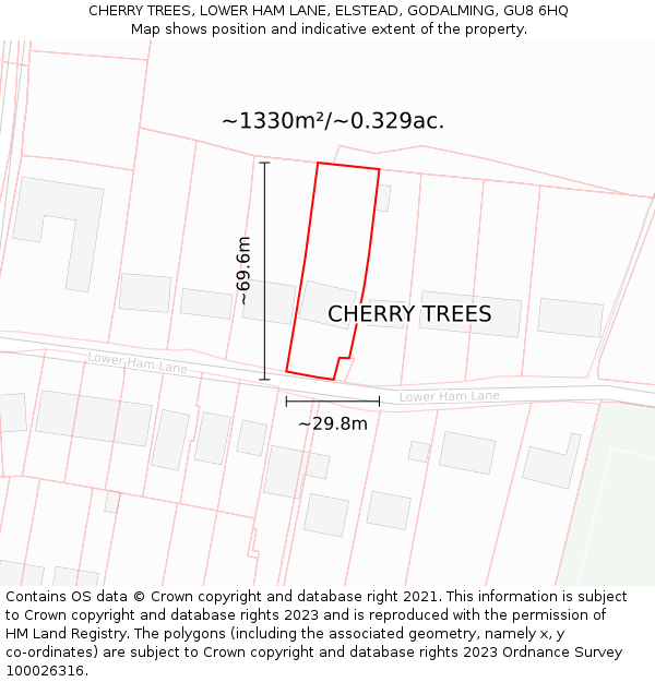 CHERRY TREES, LOWER HAM LANE, ELSTEAD, GODALMING, GU8 6HQ: Plot and title map