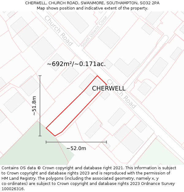 CHERWELL, CHURCH ROAD, SWANMORE, SOUTHAMPTON, SO32 2PA: Plot and title map