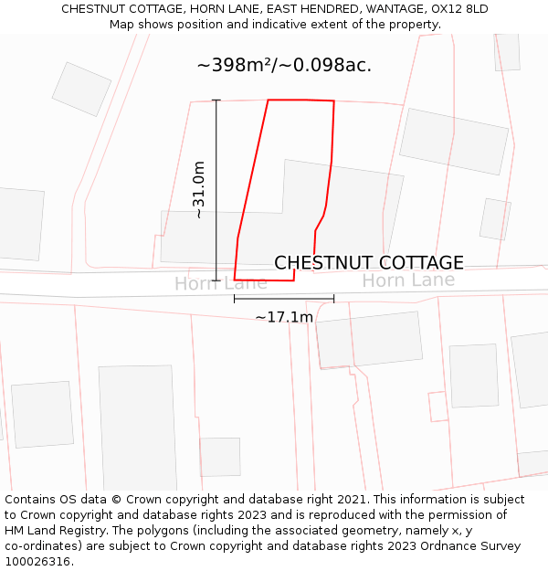 CHESTNUT COTTAGE, HORN LANE, EAST HENDRED, WANTAGE, OX12 8LD: Plot and title map