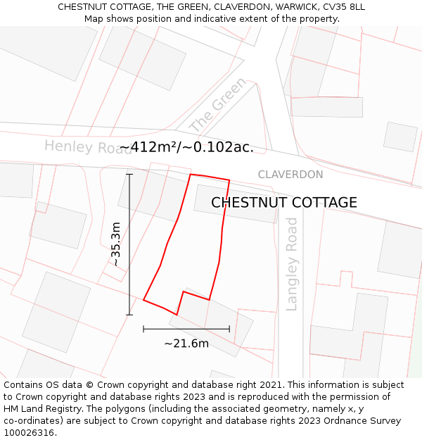 CHESTNUT COTTAGE, THE GREEN, CLAVERDON, WARWICK, CV35 8LL: Plot and title map