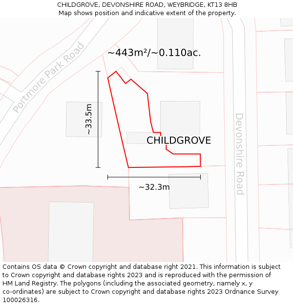 CHILDGROVE, DEVONSHIRE ROAD, WEYBRIDGE, KT13 8HB: Plot and title map