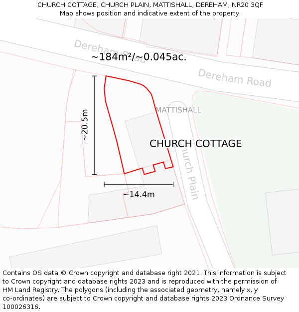 CHURCH COTTAGE, CHURCH PLAIN, MATTISHALL, DEREHAM, NR20 3QF: Plot and title map