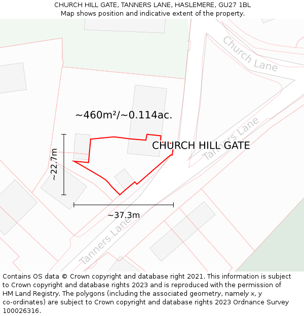 CHURCH HILL GATE, TANNERS LANE, HASLEMERE, GU27 1BL: Plot and title map