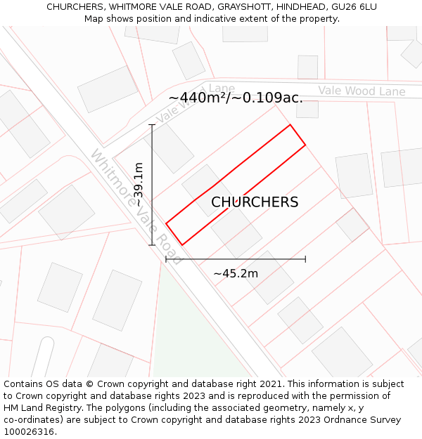 CHURCHERS, WHITMORE VALE ROAD, GRAYSHOTT, HINDHEAD, GU26 6LU: Plot and title map