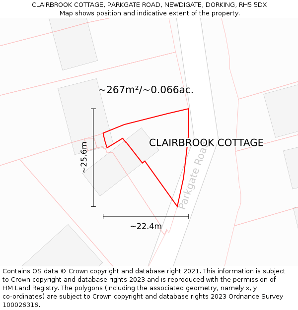 CLAIRBROOK COTTAGE, PARKGATE ROAD, NEWDIGATE, DORKING, RH5 5DX: Plot and title map