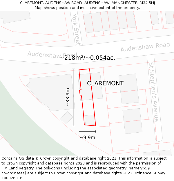 CLAREMONT, AUDENSHAW ROAD, AUDENSHAW, MANCHESTER, M34 5HJ: Plot and title map