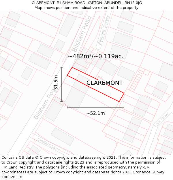 CLAREMONT, BILSHAM ROAD, YAPTON, ARUNDEL, BN18 0JG: Plot and title map
