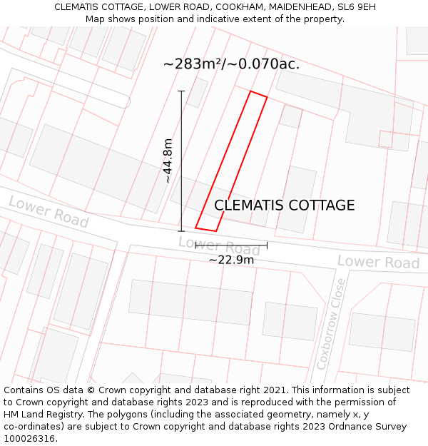 CLEMATIS COTTAGE, LOWER ROAD, COOKHAM, MAIDENHEAD, SL6 9EH: Plot and title map